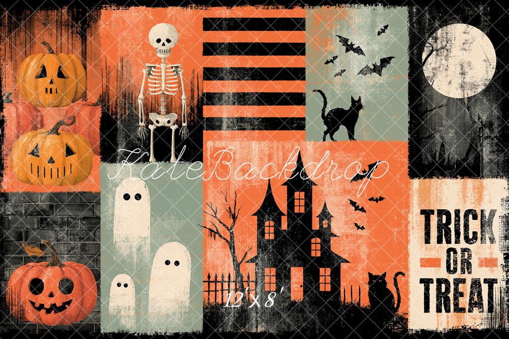 Kate Halloween Haunted House Pumpkins Ghosts Bats Black Cat Orange Printed Backdrop Designed by Angela Miller