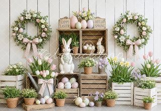 Kate Easter Eggs Bunny Wreath Flowers White Wood Plank Printed Backdrop Designed by Emetselch