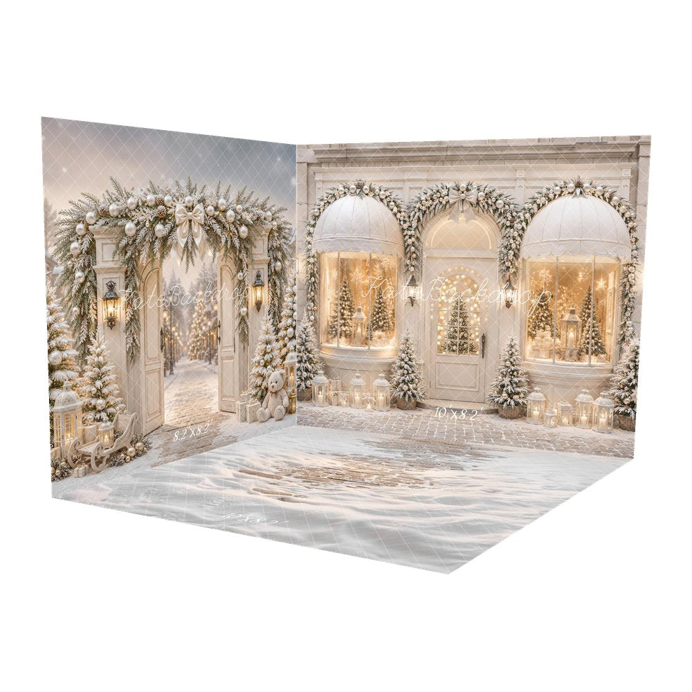 Kate Christmas Shop Arched Window Garland Snowy Trees Printed Backdrop Room Set