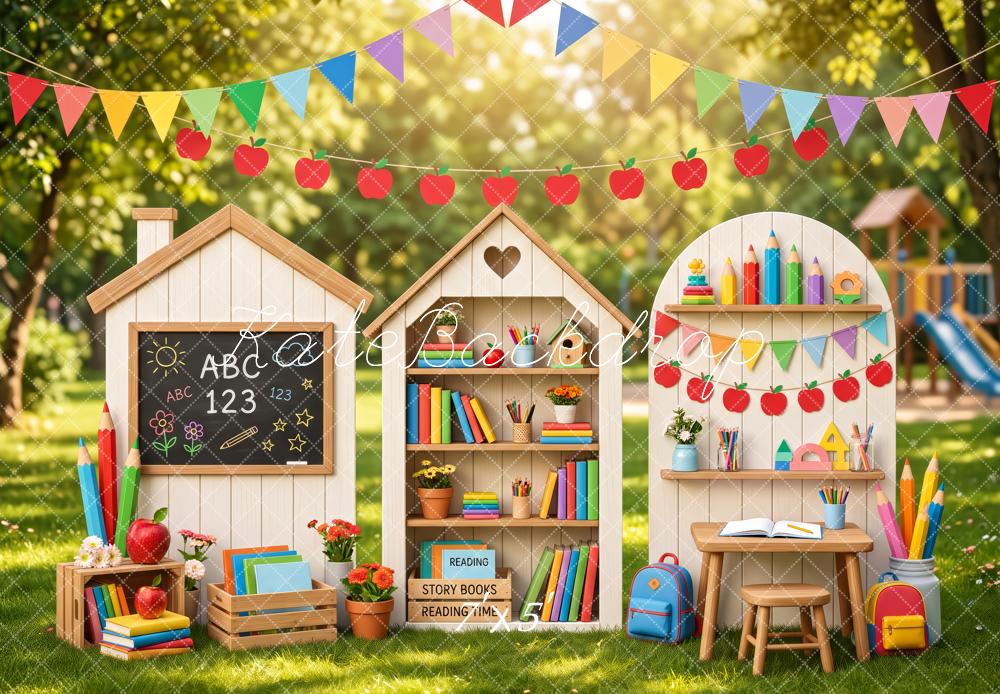 Kate Back To School Schoolyard Classroom Books Apples Printed Backdrop Designed by Patty Roberts