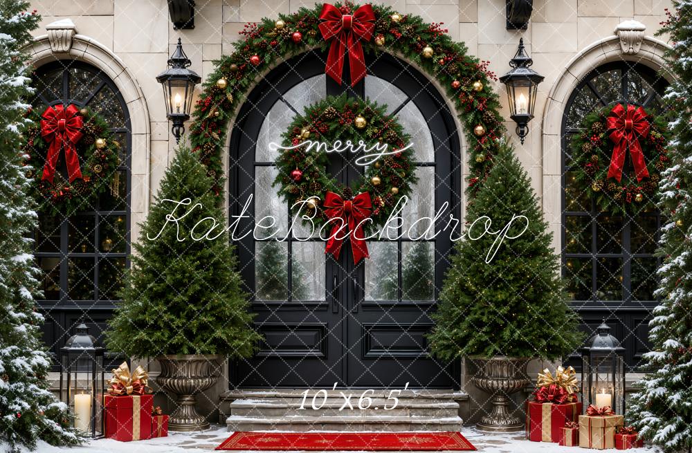 Kate Christmas Retro Black Entryway Arched Doorway Wreaths Trees Bows Printed Backdrop Designed by Emetselch