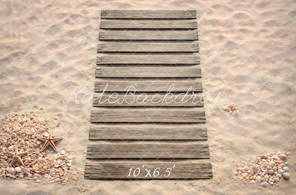 Kate Beach Boardwalk Sand Seashells Starfish Floor Printed Backdrop Designed by Mini MakeBelieve
