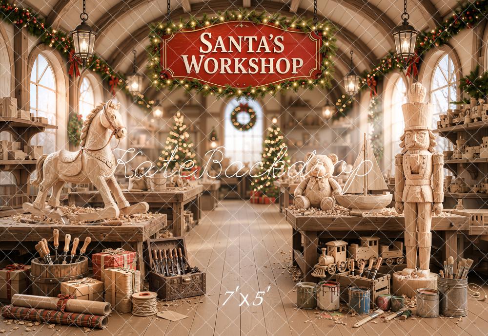 Kate Christmas Santa Workshop Wooden Toys Nutcracker Printed Backdrop Designed by Emetselch