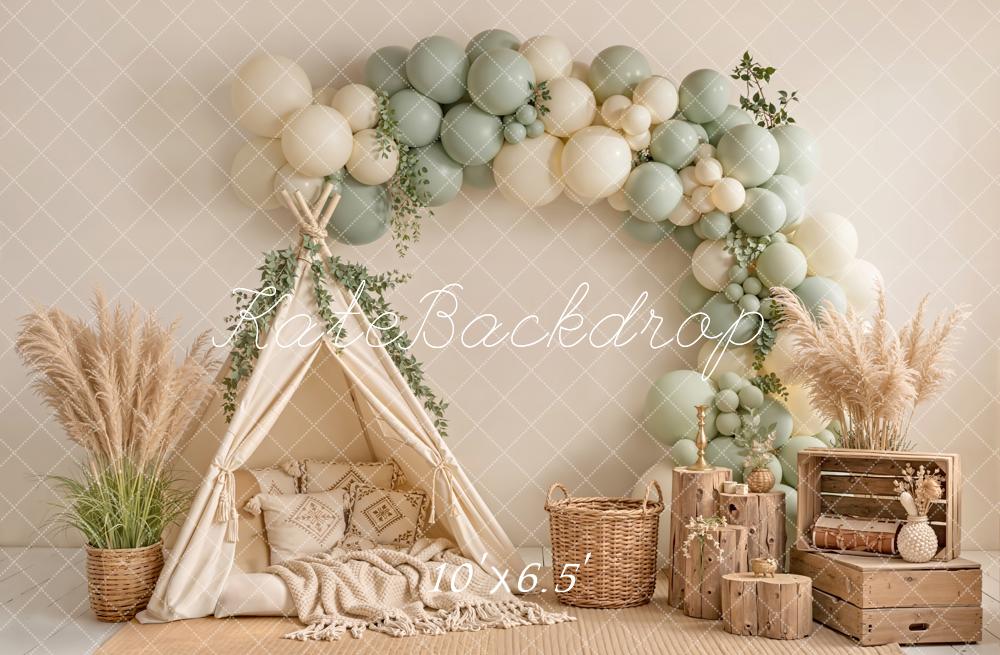 Kate Boho Balloon Arch Tent Pampas Grass Wood Crates Printed Backdrop Designed by Emetselch