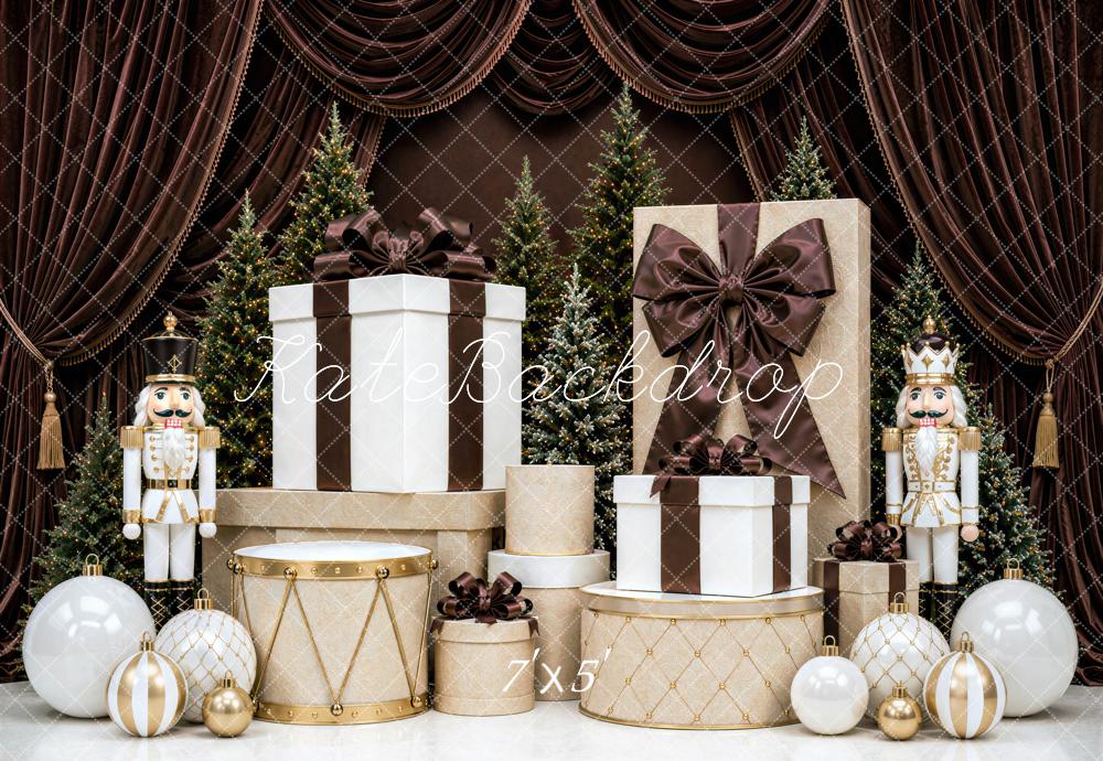 Kate Christmas Nutcracker Gift Boxes Tree Brown Curtains Printed Backdrop Designed by Mini MakeBelieve