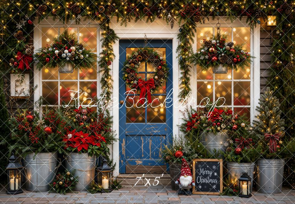 Kate Christmas Blue Door Garland Poinsettia Lanterns Printed Backdrop Designed by Emetselch