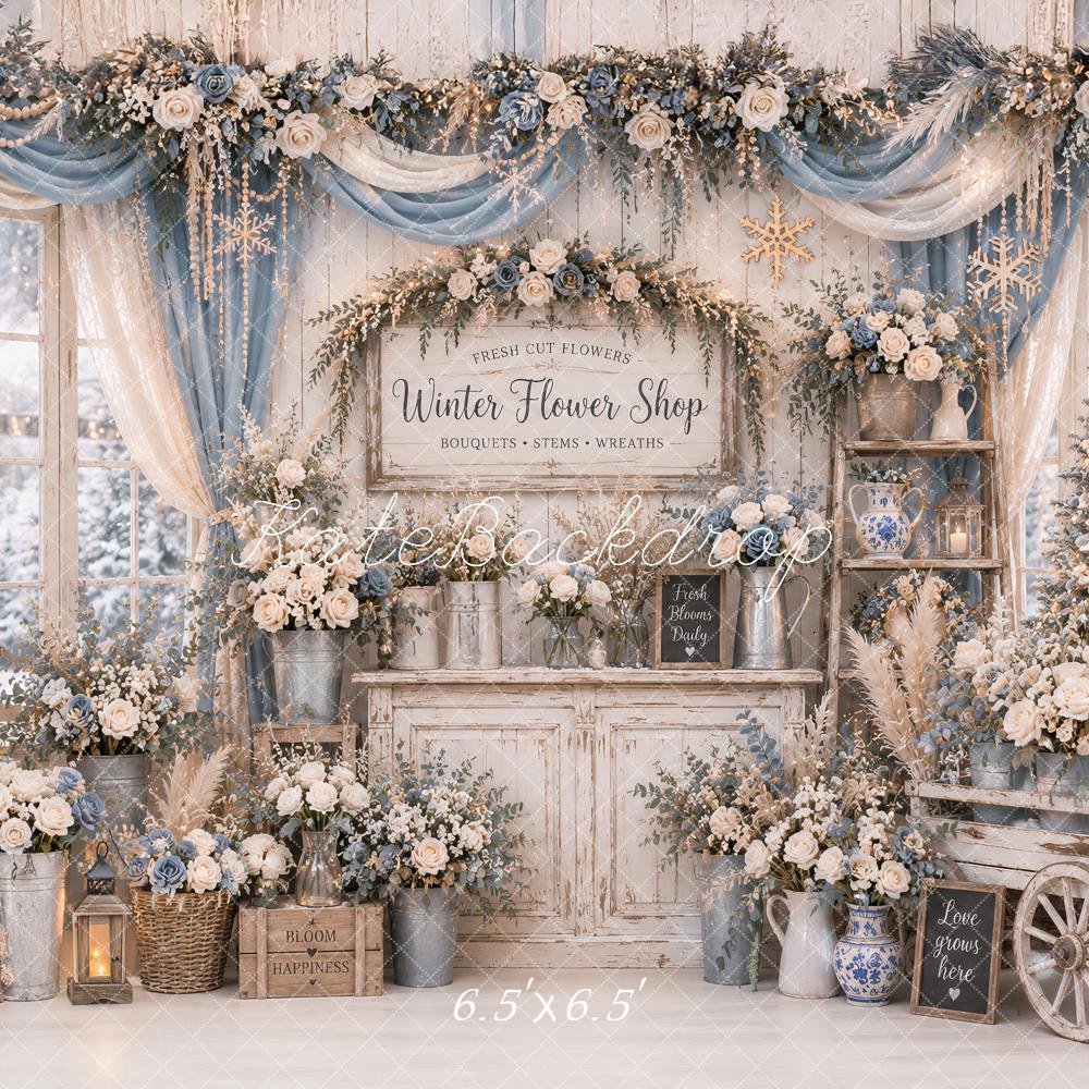 Kate Winter Flower Shop Blue Floral Cart Garland Drapes Printed Backdrop Designed by Ashley Paul