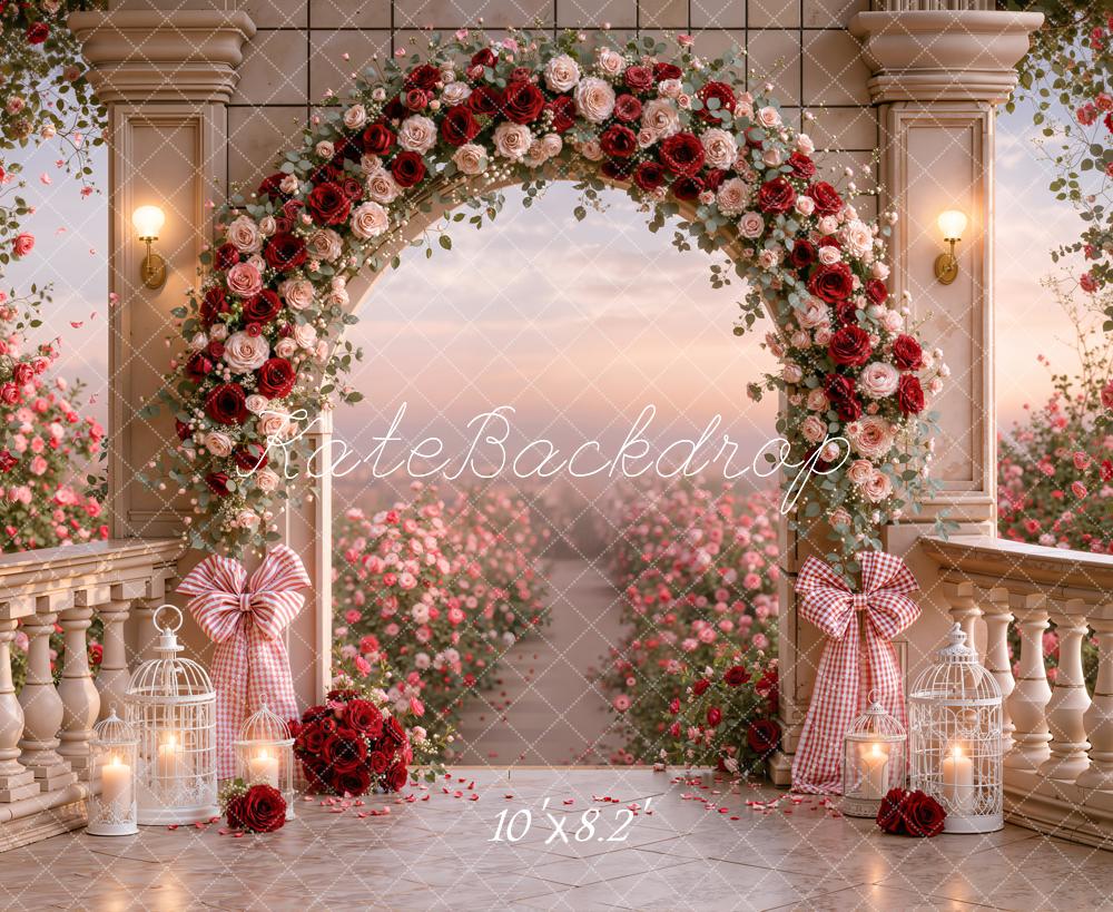 Kate Valentines Romantic Roses Arch Garden Retro Columns Printed Backdrop Designed by Emetselch
