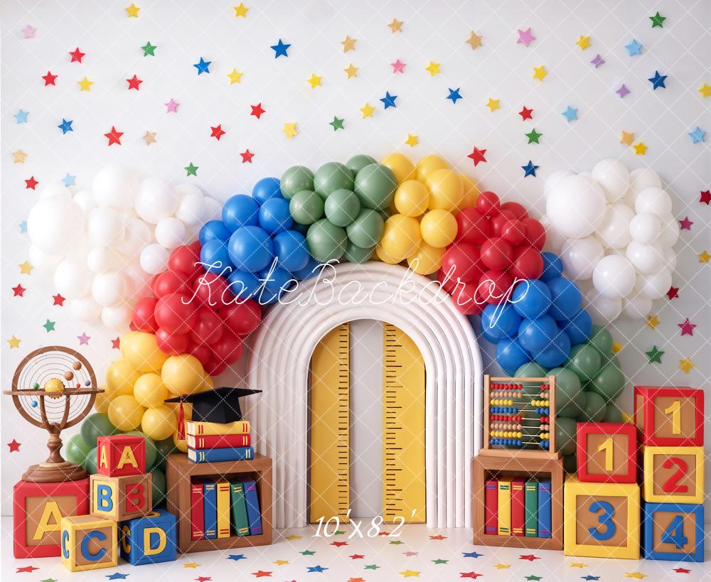 TEST Kate Back to School Rainbow Balloon Arch Books Blocks Printed Backdrop Designed by Chain Photography