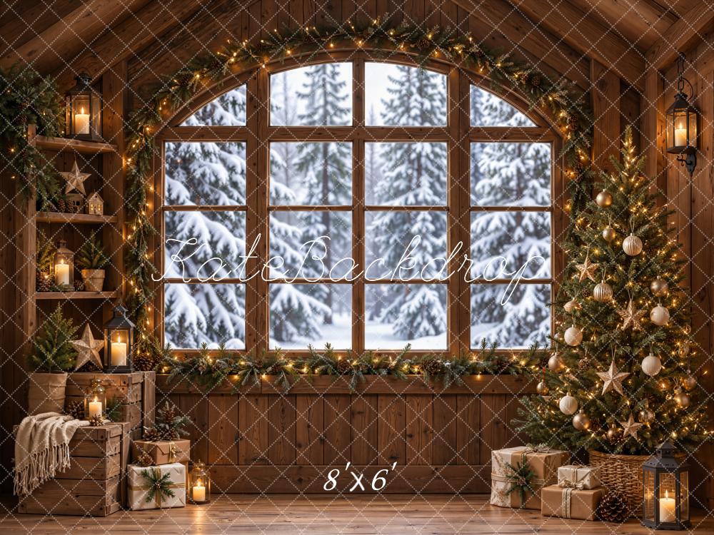 Kate Christmas Rustic Cabin Arched Window Christmas Tree Printed Backdrop Designed by Emetselch