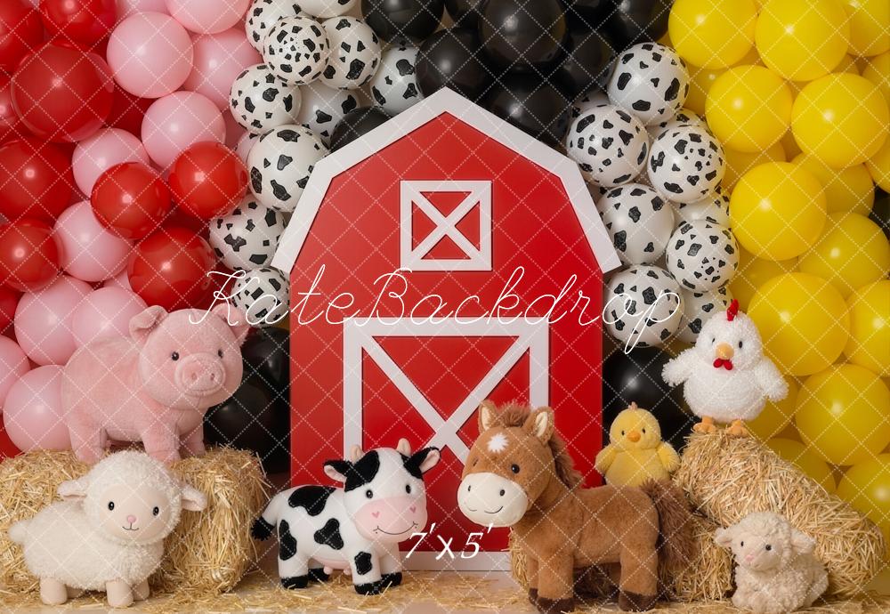 Kate Cake Smash Barn Farm Animals Balloons Printed Backdrop Designed by Emetselch