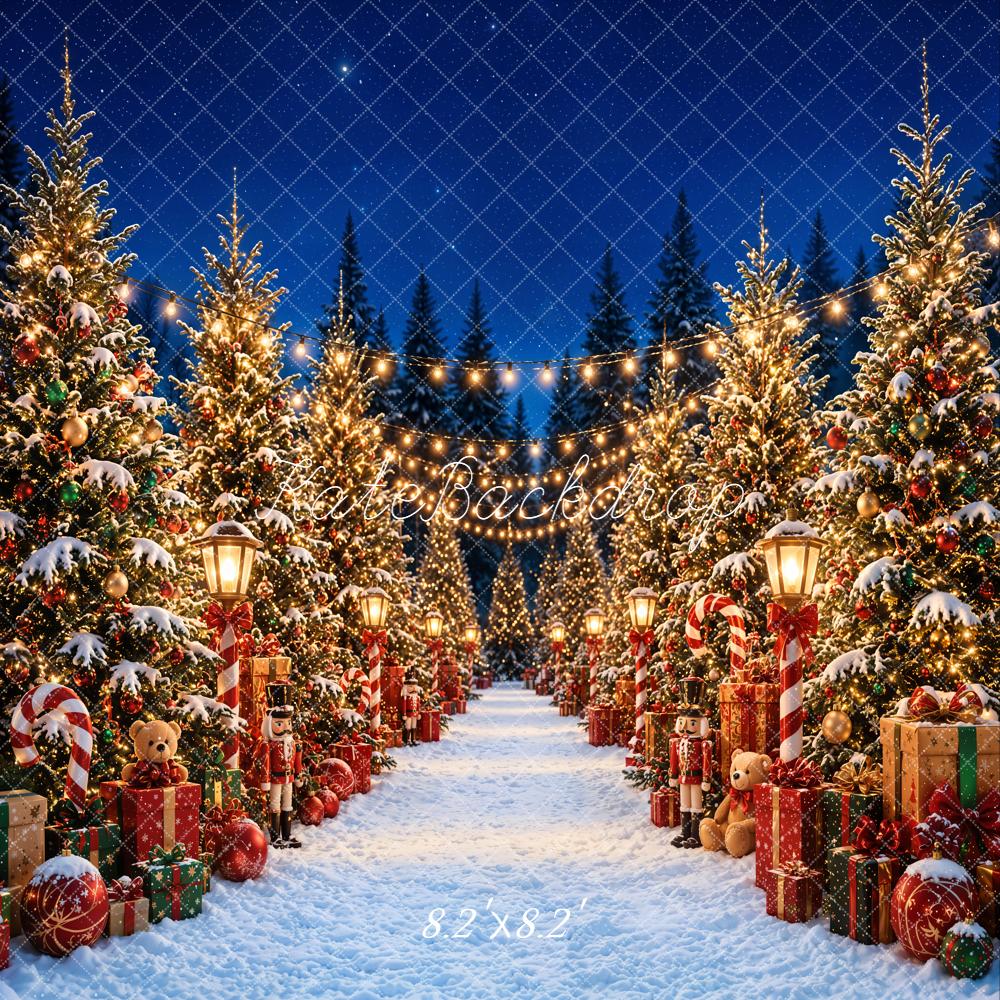 Kate Christmas Night Snowy Tree Path with Gifts and Lanterns Printed Backdrop Designed by Emetselch