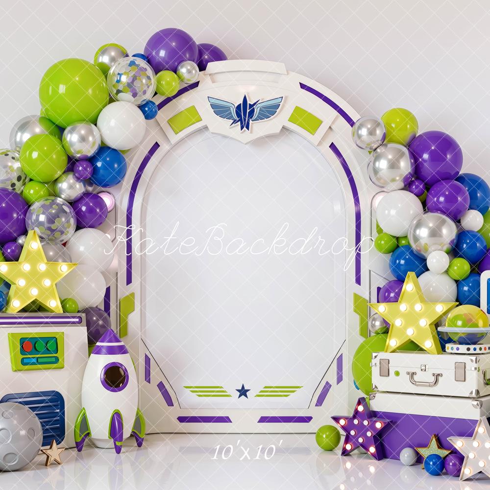 Kate Cake Smash Space Arch Balloons Rocket Stars Control Panel Printed Backdrop Designed by Mini MakeBelieve
