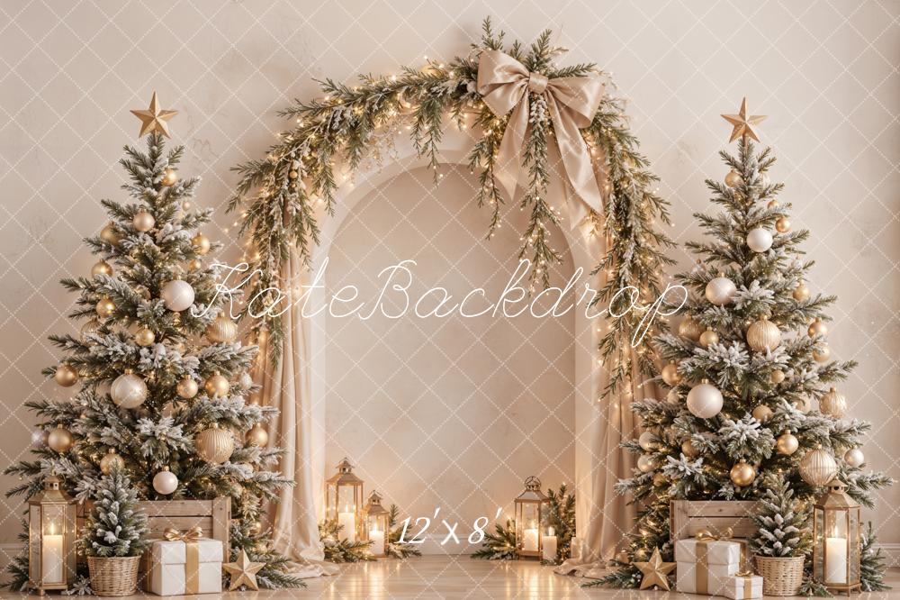 Kate Christmas Tree Arch Garland Bow Gold Ornaments Printed Backdrop Designed by Emetselch