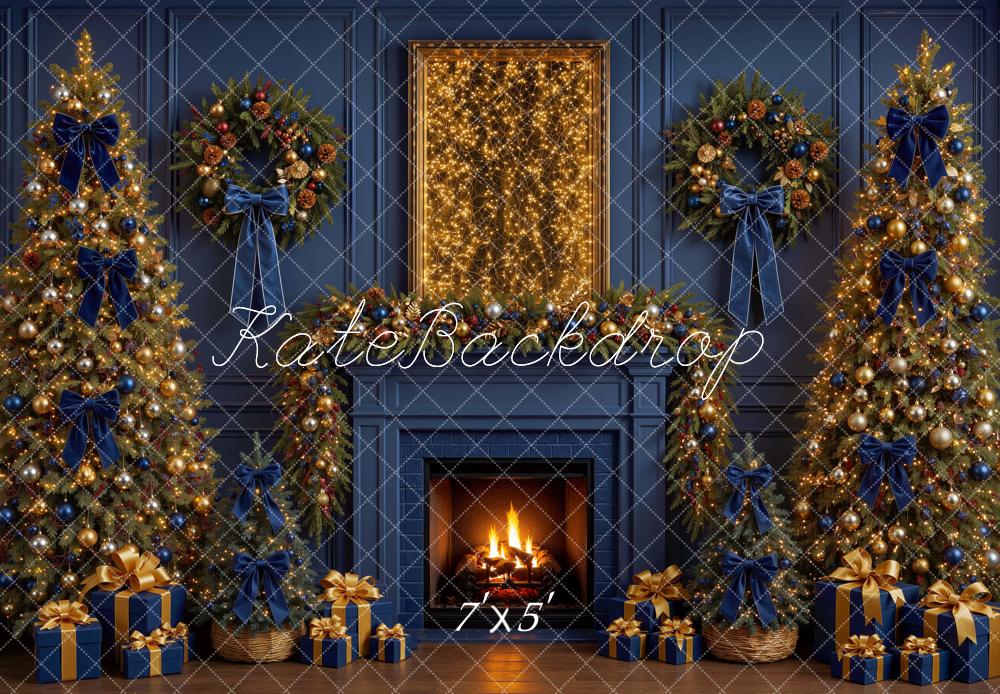 Kate Christmas Blue Bow Gold Trees Fireplace Wreath Printed Backdrop Designed by Mini MakeBelieve