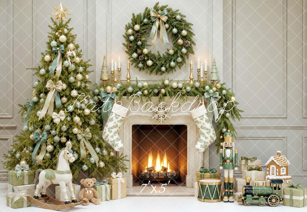 Kate Christmas Tree Fireplace Wreath Green Ribbon Printed Backdrop Designed by Mini MakeBelieve