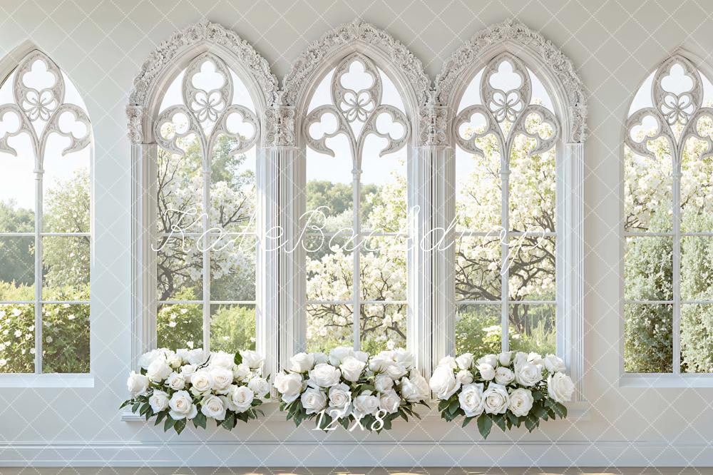 Kate Spring White Roses Gothic Windows Printed Backdrop Designed by Mini MakeBelieve