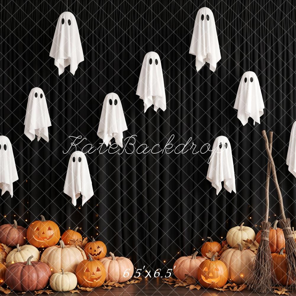 Kate Halloween Ghost Pumpkin Broom Black Wall Printed Backdrop Designed by Patty Roberts