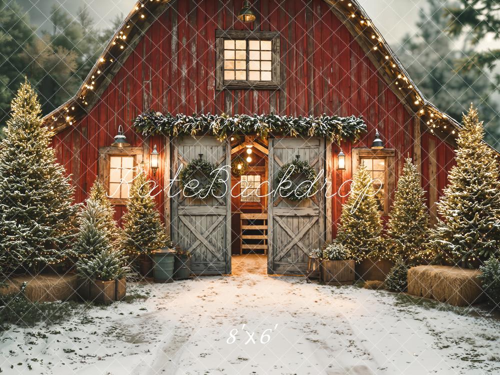 Kate Christmas Red Barn Snowy Pine Trees Backdrop Designed by Emetselch