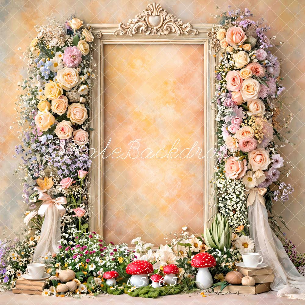 Kate Fairy Flower Arch Vintage Frame Mushrooms Pastel Printed Backdrop Designed by Mini MakeBelieve