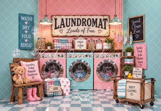 Kate Retro Pink Laundromat Washing Machines Printed Backdrop Designed by Laura Bybee