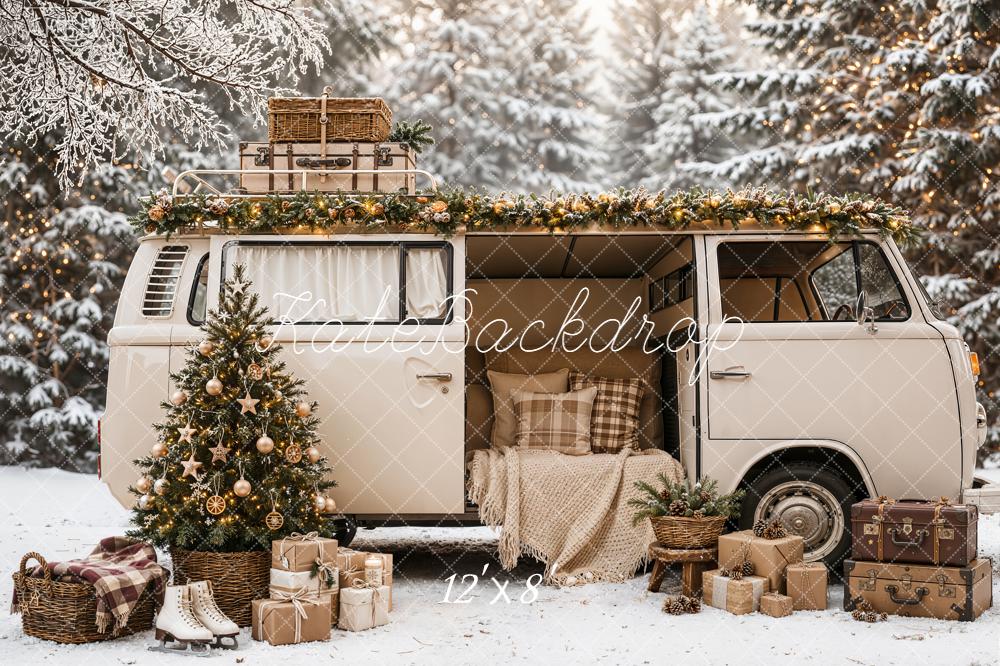 Kate Christmas Tree Camper Van Snowy Forest Gifts Printed Backdrop Designed by Emetselch