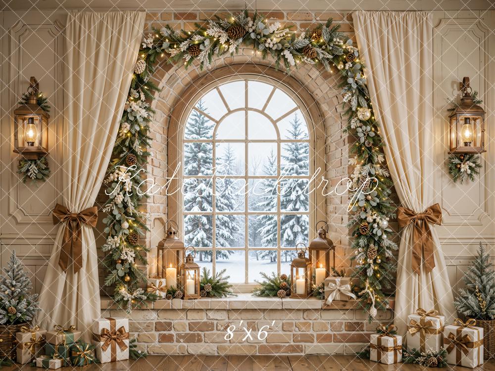 Kate Christmas Beige Arched Window Garland Curtains Bow Printed Backdrop Designed by Emetselch