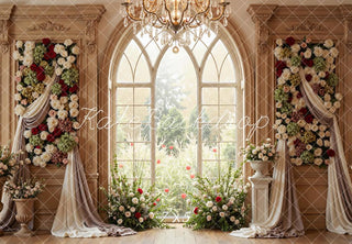 Kate Spring Flower Arch Window Chandelier Printed Backdrop Designed by Mini MakeBelieve