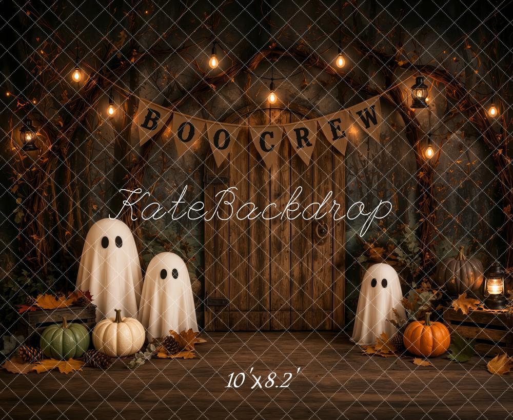 Kate Halloween Trick Or Treat Haunted Barn Ghosts Pumpkins Lights Printed Backdrop Designed by Ashley Ward
