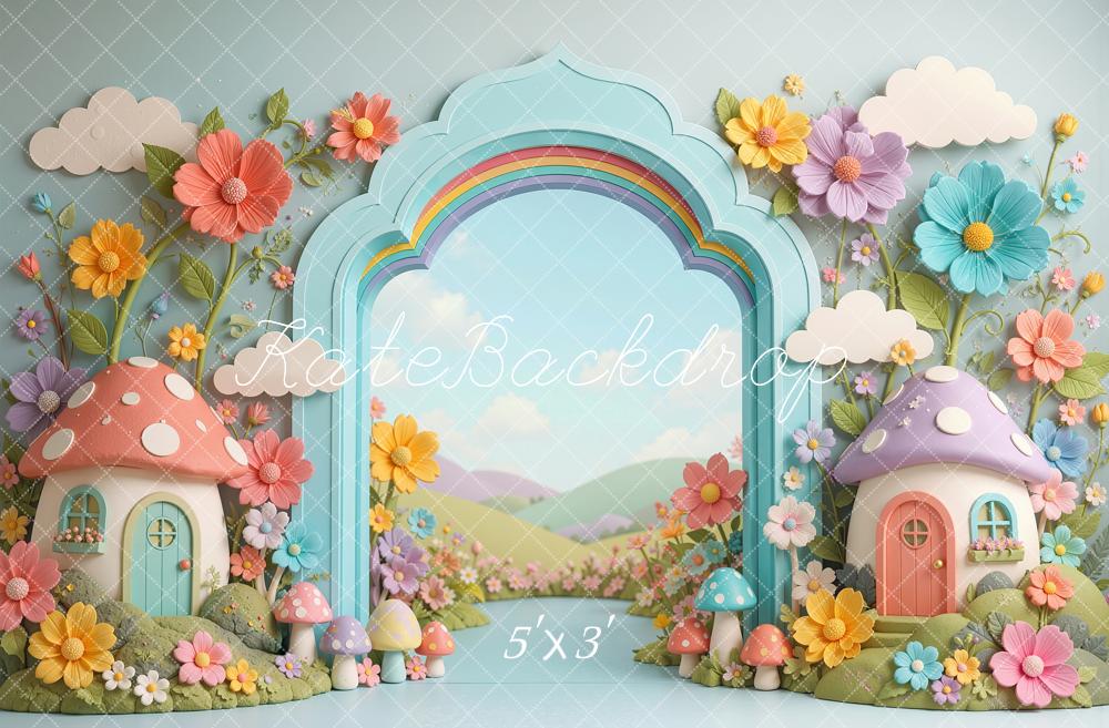 Kate Cake Smash Mushroom Houses Arch Flowers Rainbow Printed Backdrop Designed by Shutter Swan Studios