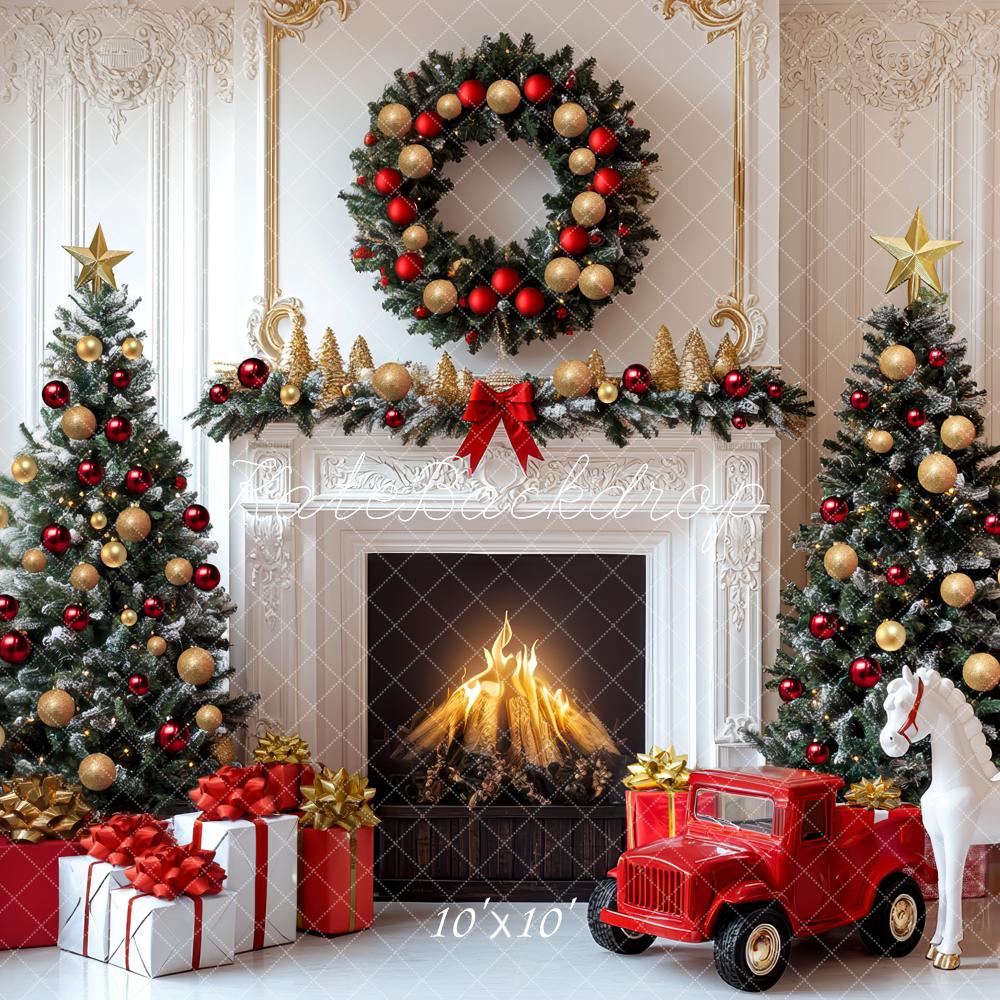 Kate Christmas Trees Fireplace Wreath Red Truck Gifts Backdrop Designed by Mini MakeBelieve