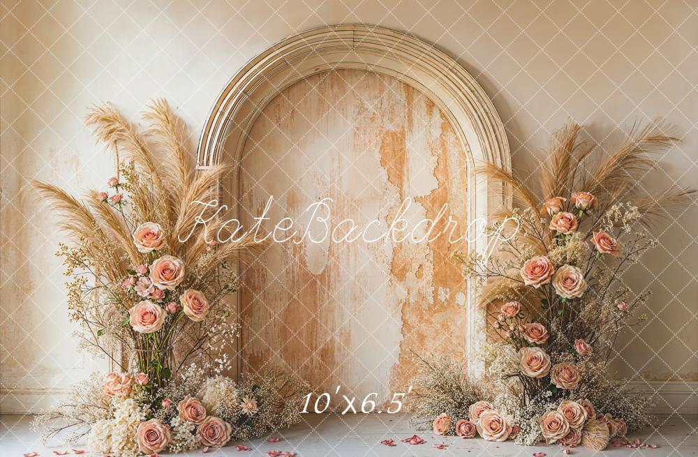 Kate Boho Flower Arch Pampas Grass Beige Roses Vintage Wall Backdrop Designed by Emetselch