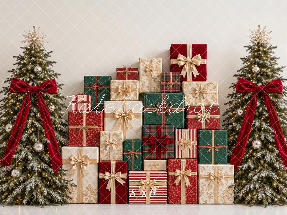 Kate Christmas Tartan Gift Boxes Trees Red Bow Printed Backdrop Designed by Emetselch