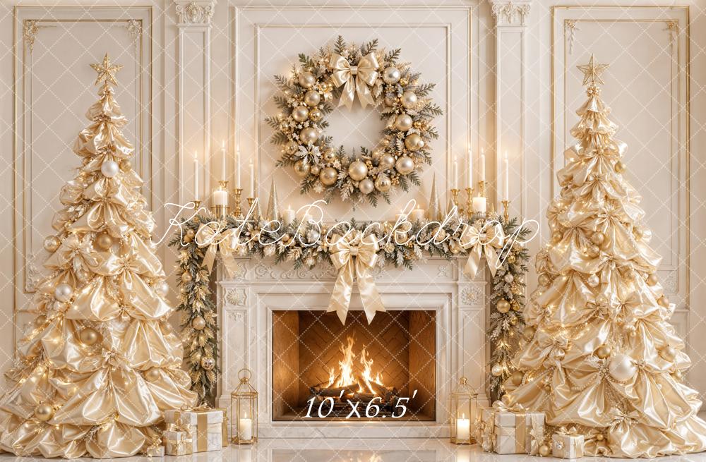 Kate Christmas Gold Satin Trees Wreath Fireplace Garland Printed Backdrop Designed by Emetselch