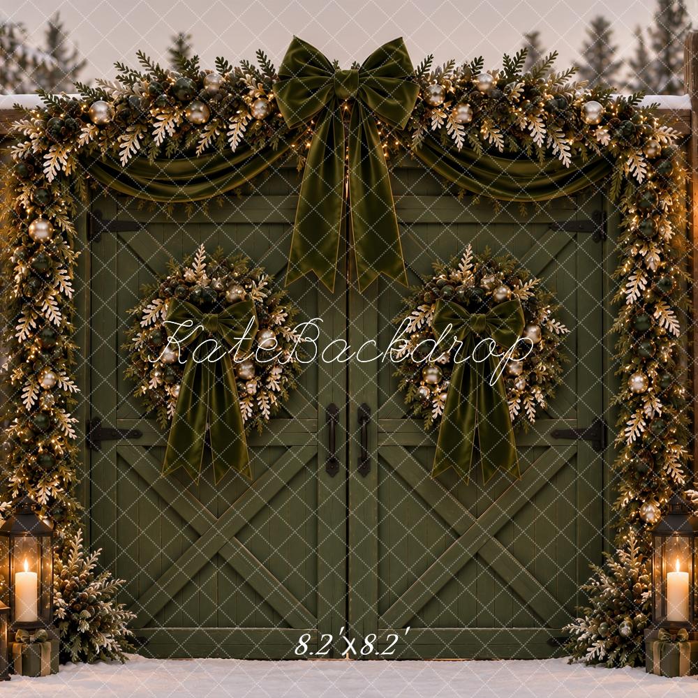 Kate Christmas Green Barn Door Garland Velvet Bow Snow Printed Backdrop Designed by Ashley Paul