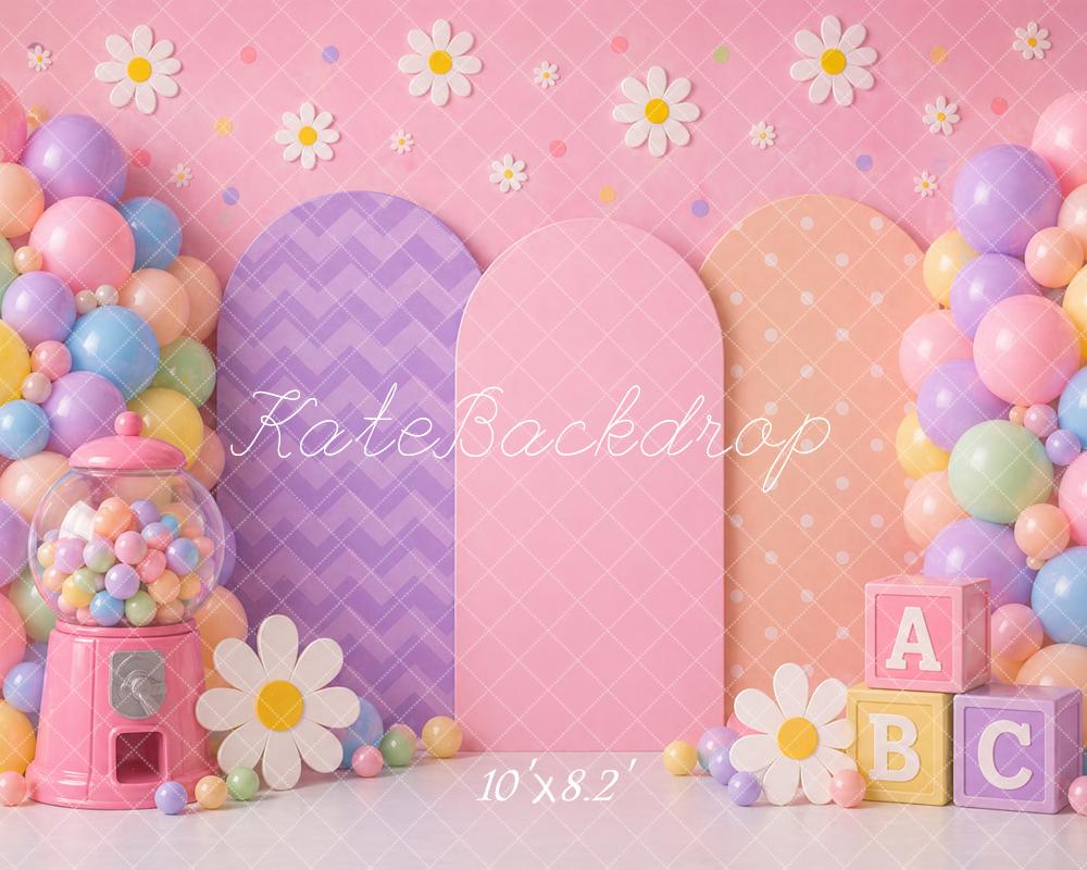 Kate Birthday Kids Balloons Bubblegum Machine Daisy Flowers ABC Blocks Printed Backdrop Designed by Caitlin Lynch
