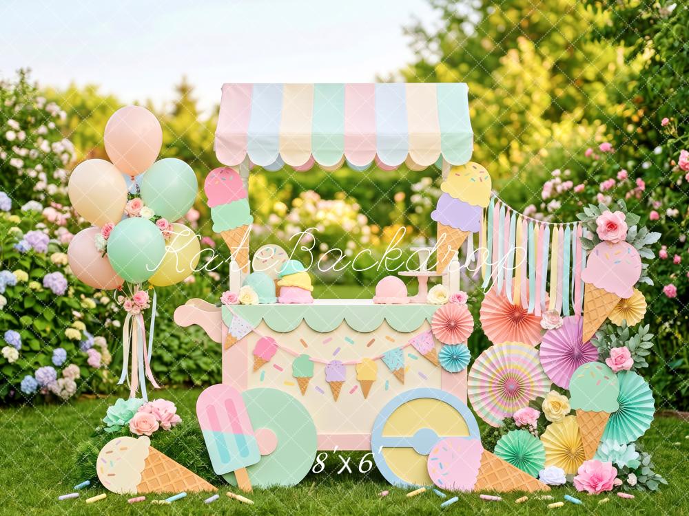 Kate Summer Garden Ice Cream Cart Pastel Balloons Flowers Kids Printed Backdrop Designed by Patty Roberts
