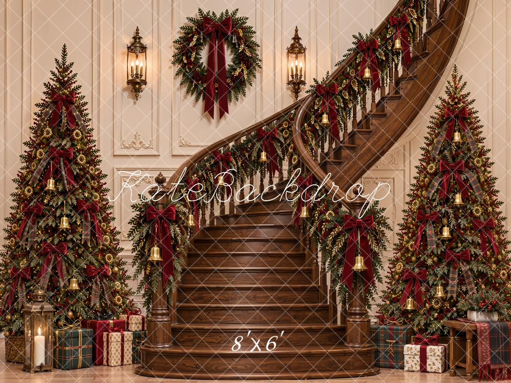 Kate Christmas Staircase Trees Wreaths Gifts Printed Backdrop Designed by Emetselch