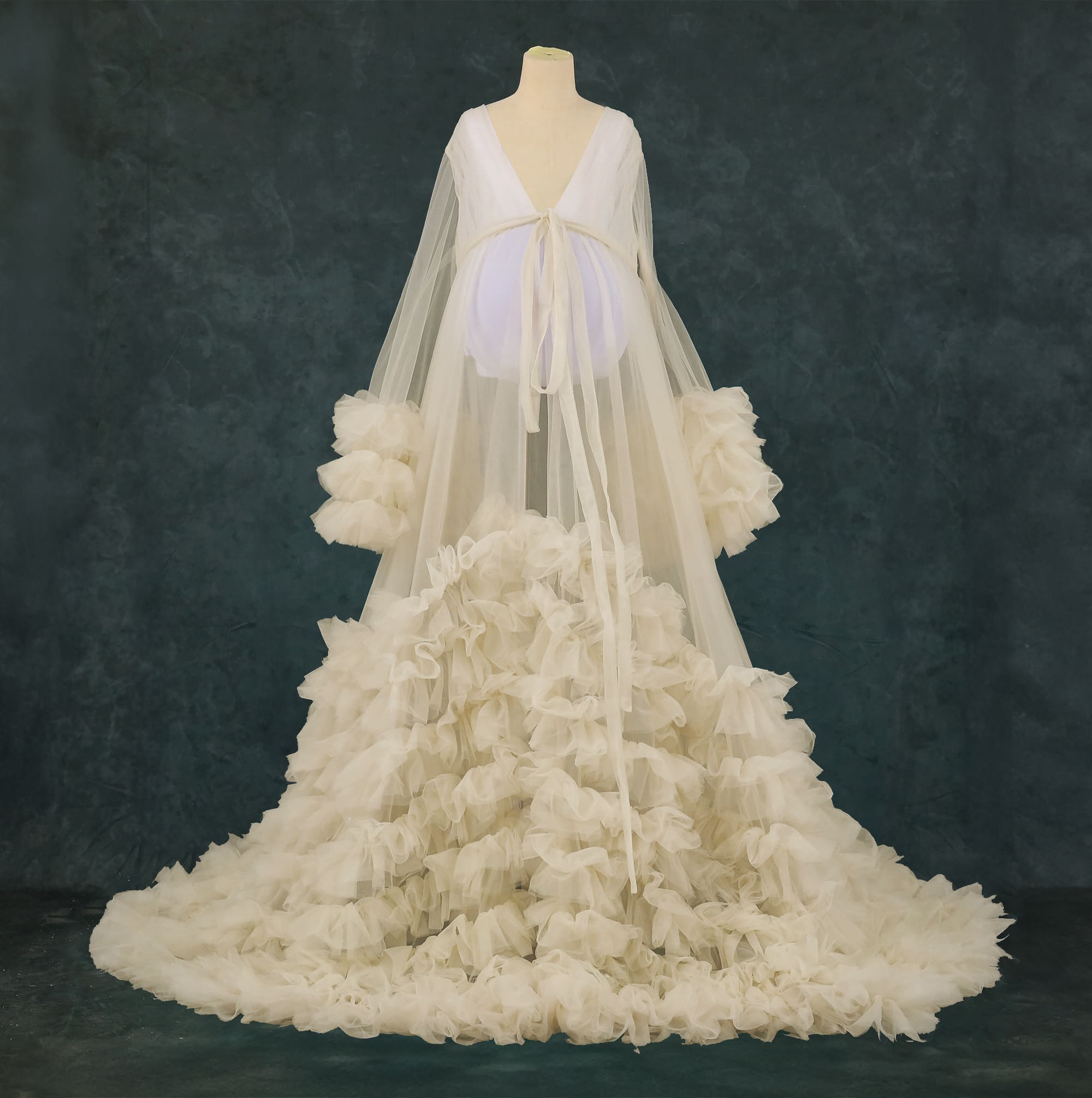 Kate Mesh V-neck Trailing Mid Sleeve Custom Maternity Photoshoot Gowns