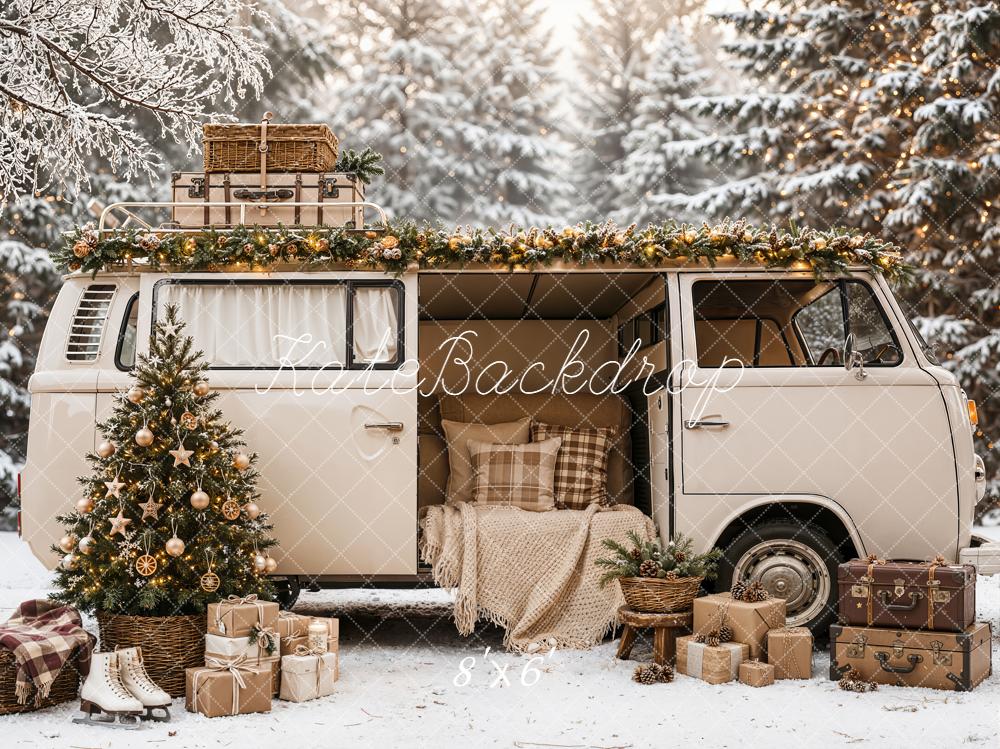 Kate Christmas Tree Camper Van Snowy Forest Gifts Printed Backdrop Designed by Emetselch