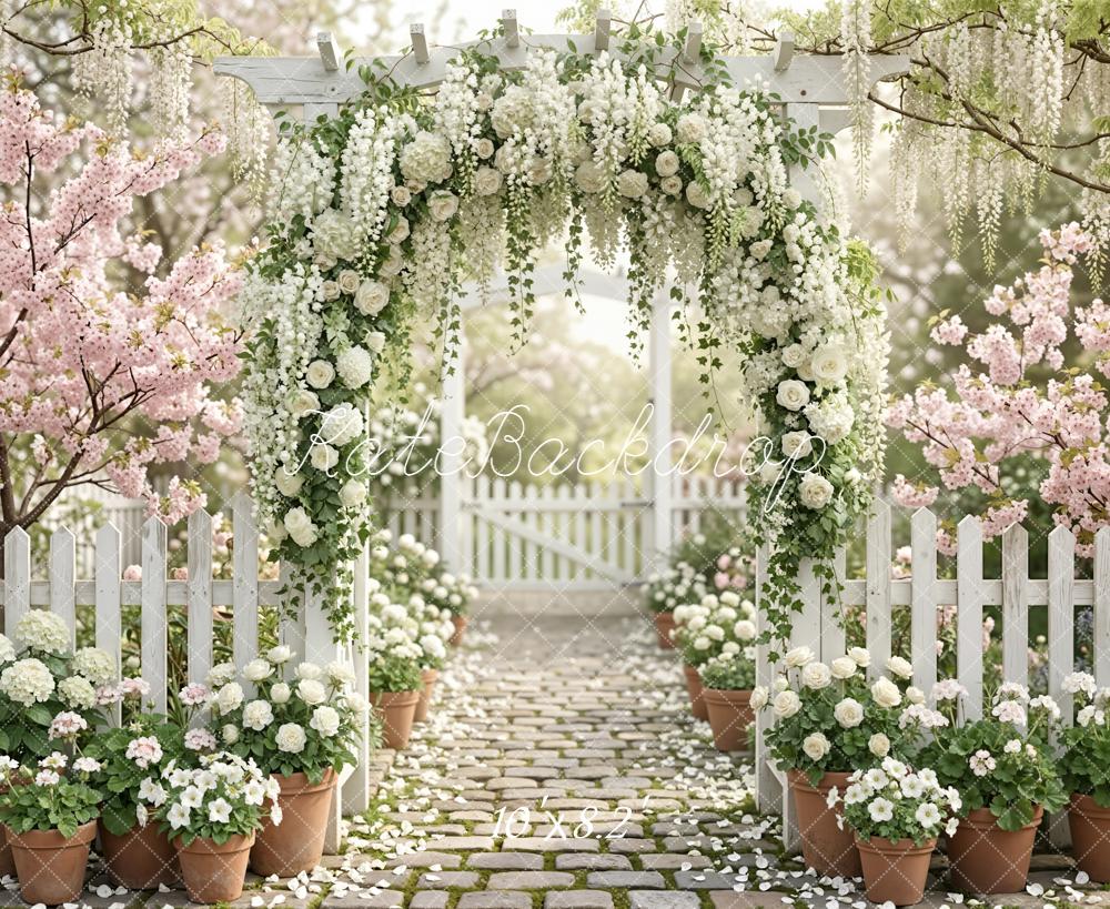 Kate Spring Flower Arch White Roses Cobblestone Path Garden Printed Backdrop Designed by Emetselch