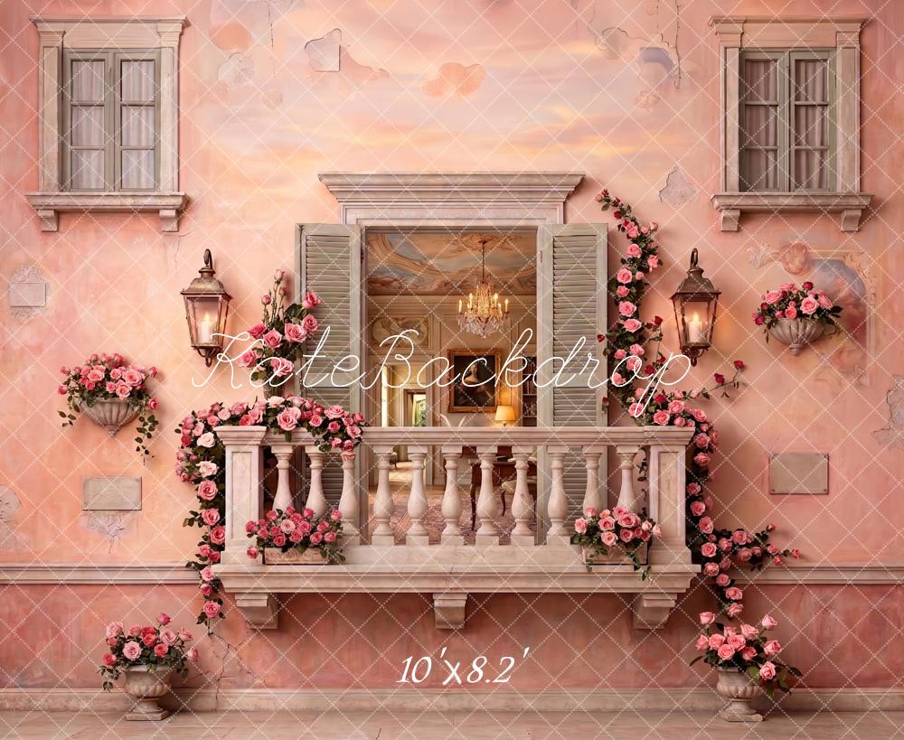 Kate Romantic Pink Balcony Roses French Villa Printed Backdrop Designed by Patty Roberts