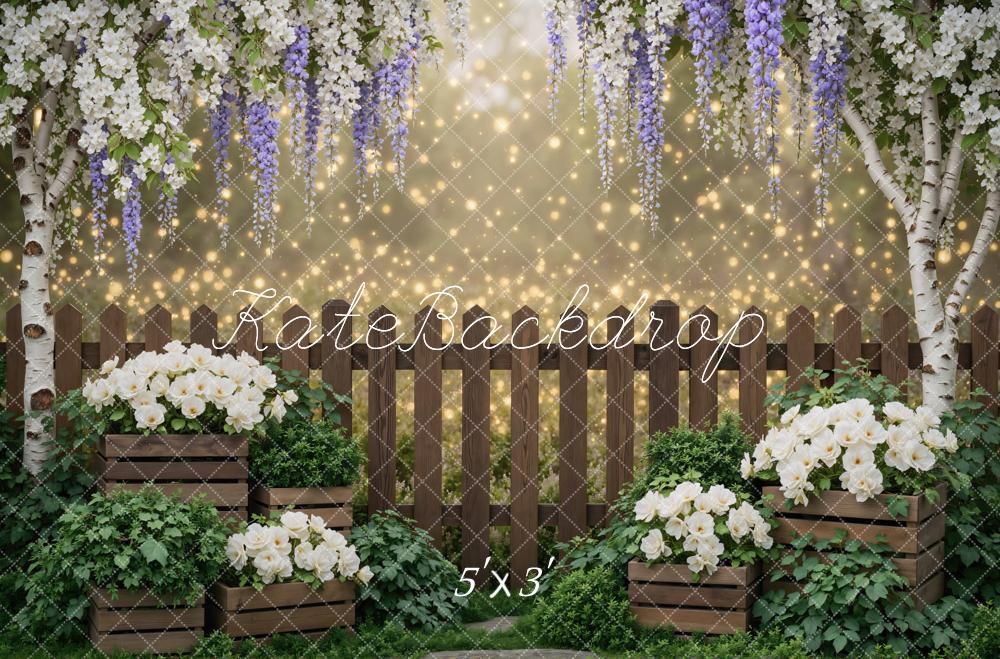 Kate Spring Wooden Fence White Flowers Wisteria Fairy Lights Backdrop Designed by Mini MakeBelieve