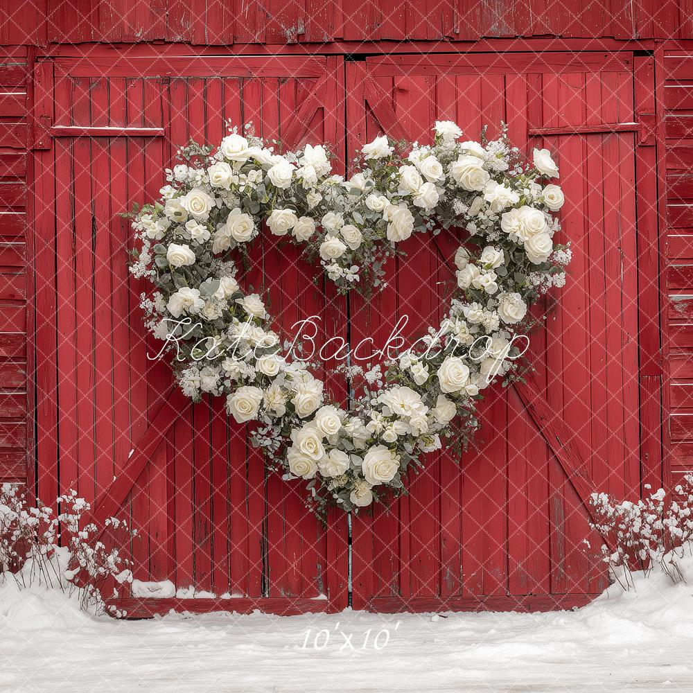 Kate Valentine's Day Heart Flower Wreath Red Barn Snow Backdrop Designed by Angela Miller