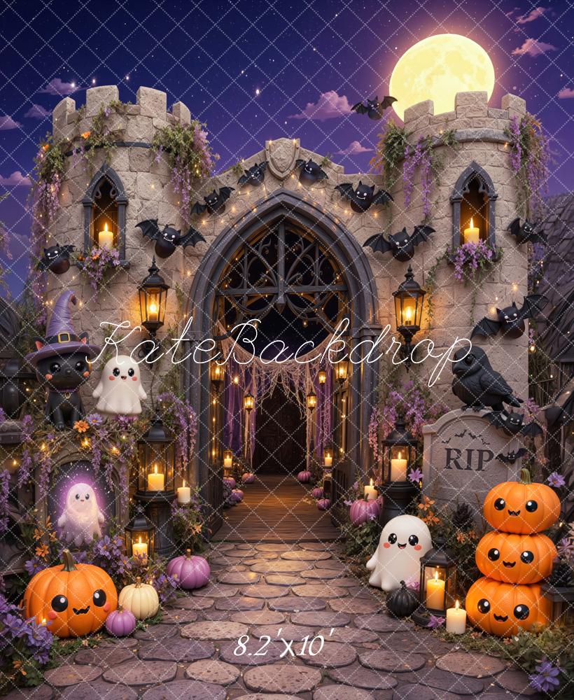 Kate Halloween Trunk or Treat Cute Castle Ghosts Pumpkins Bats Printed Backdrop Designed by Mini MakeBelieve
