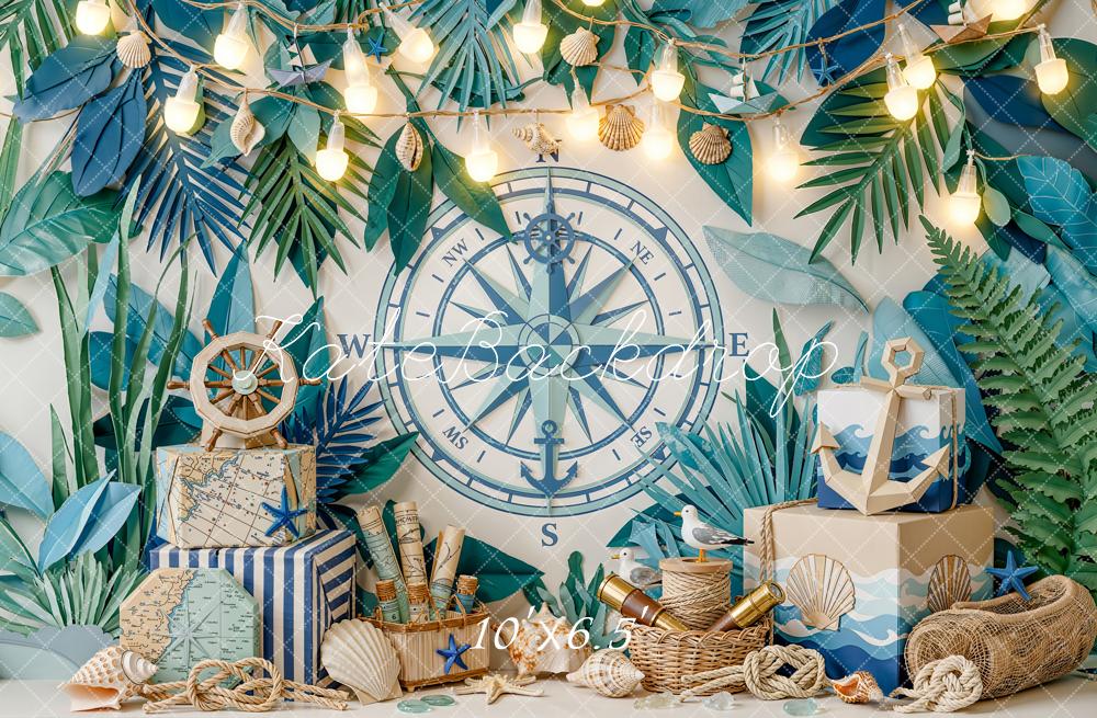 Kate Summer Nautical Compass Anchor Tropical Leaves Printed Backdrop Designed by Emetselch