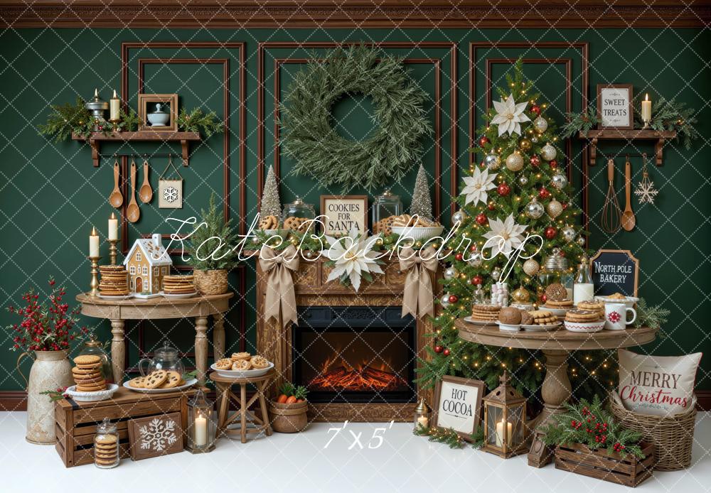 Kate Christmas Fireplace Tree Cookie Wreath Dessert Table Green Printed Backdrop Designed by Mini MakeBelieve