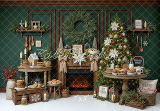 Kate Christmas Fireplace Tree Cookie Wreath Dessert Table Green Printed Backdrop Designed by Mini MakeBelieve