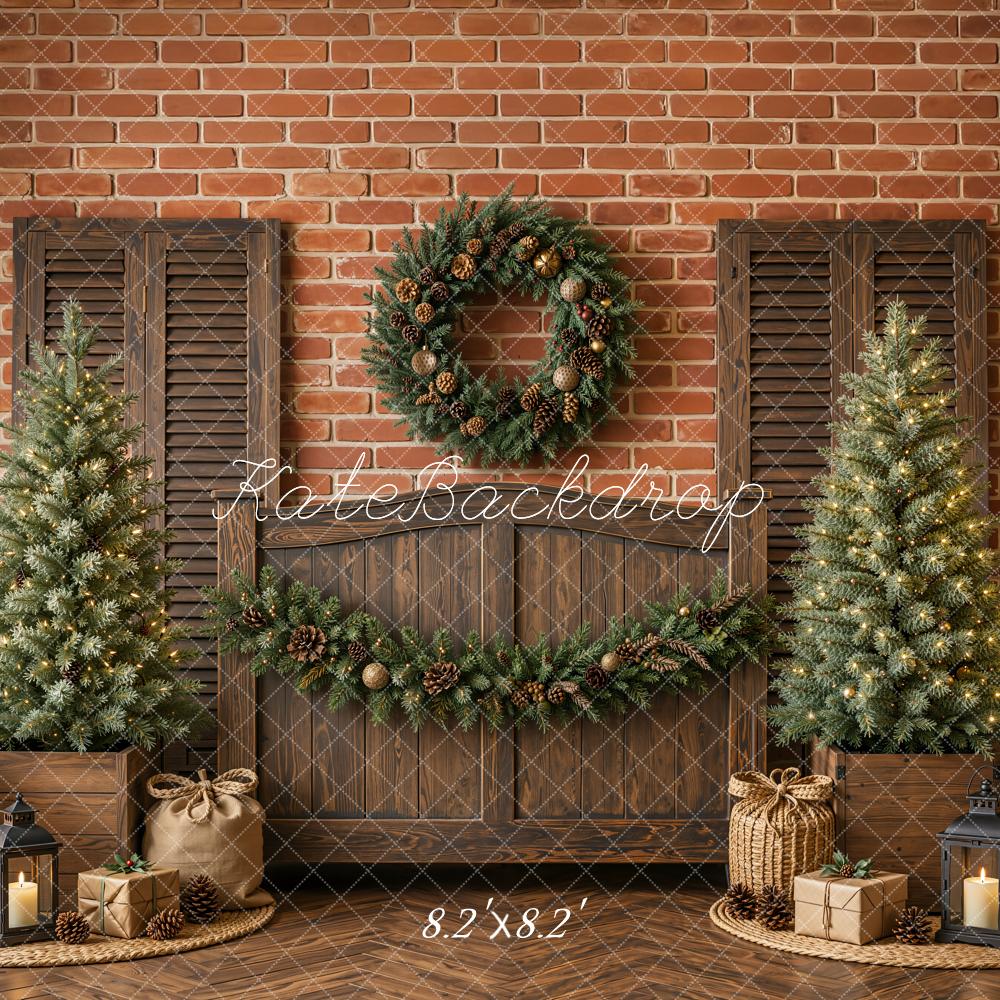 Kate Christmas Headboard Rustic Wood Christmas Tree Wreath Garland Brick Wall  Printed Backdrop Designed by Emetselch