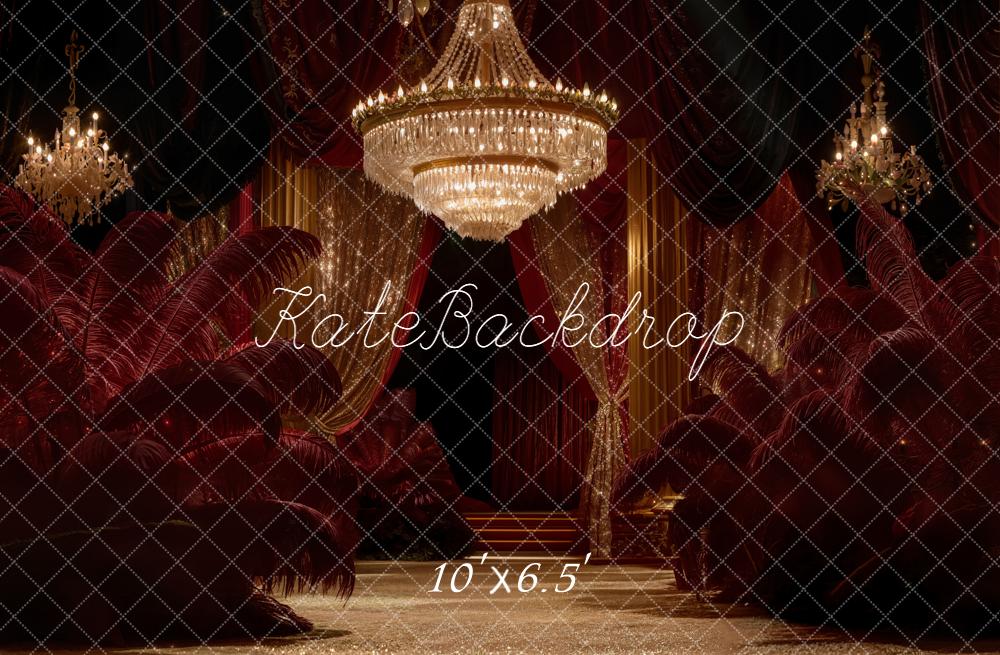 Kate Glamorous Stage Red Gold Chandelier Curtains Backdrop Designed by Emetselch